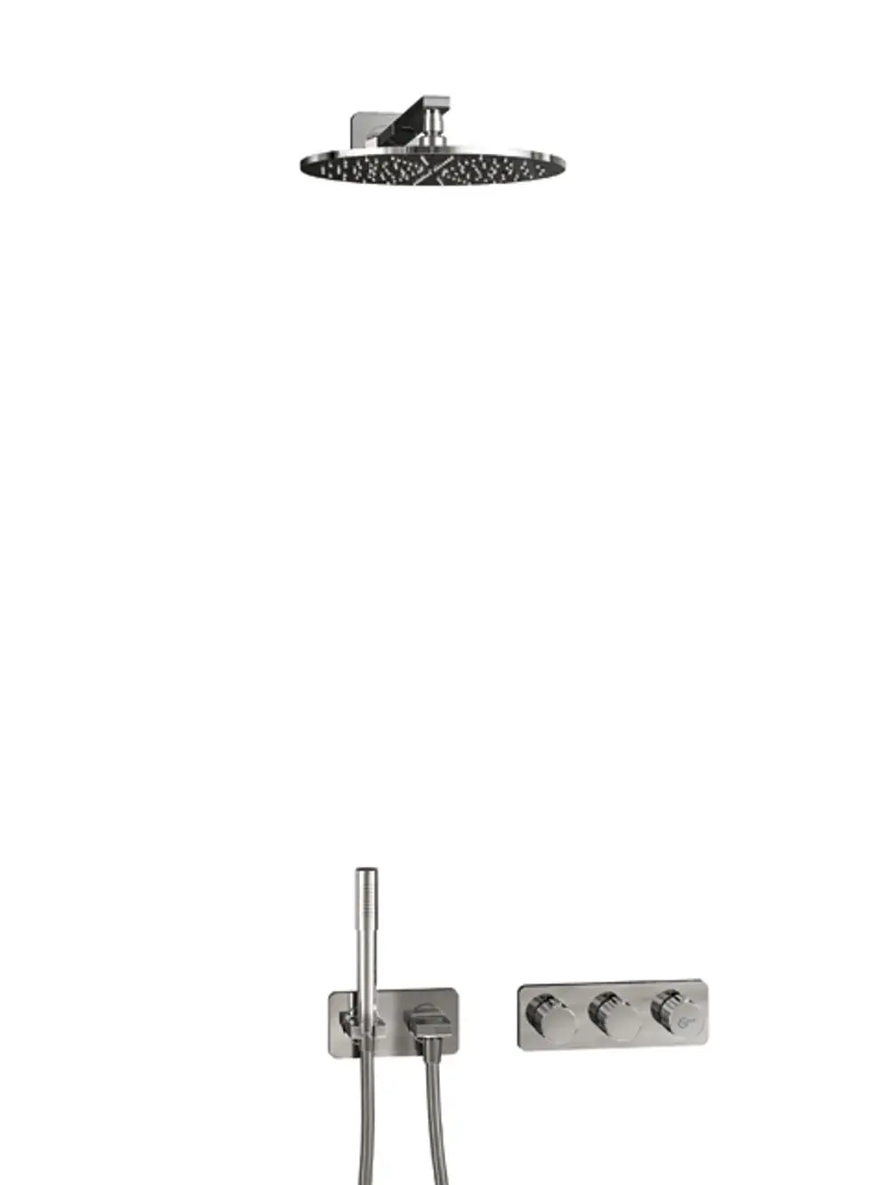 Hängende Chrom-Duschkopf mit integrierter Handbrause und Montageplatte, ausgestattet mit Steuerungselementen, gefertigt von Ideal Standard.